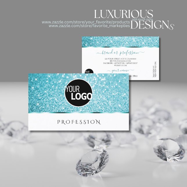 Stylish White Teal Glitter Luminous Stars add Logo Business Card (Creator Uploaded)