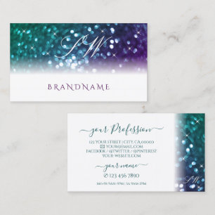 Stylish White Teal Purple Sparkle Glitter Monogram Business Card