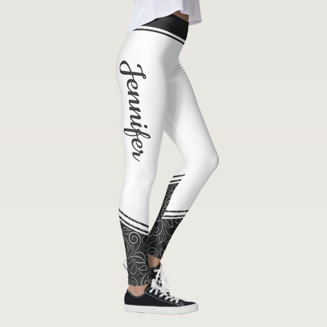 Stylish white with black floral and name modern leggings (Right)