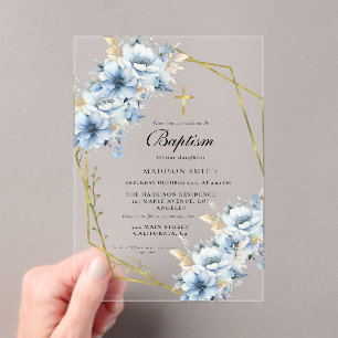 Stylish Wildflower Dusty Blue Garden Baptism Acrylic Invitations
