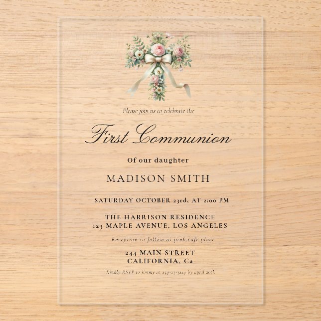 Stylish Wildflower Garden First Holy Communion Acrylic Invitations (Front)