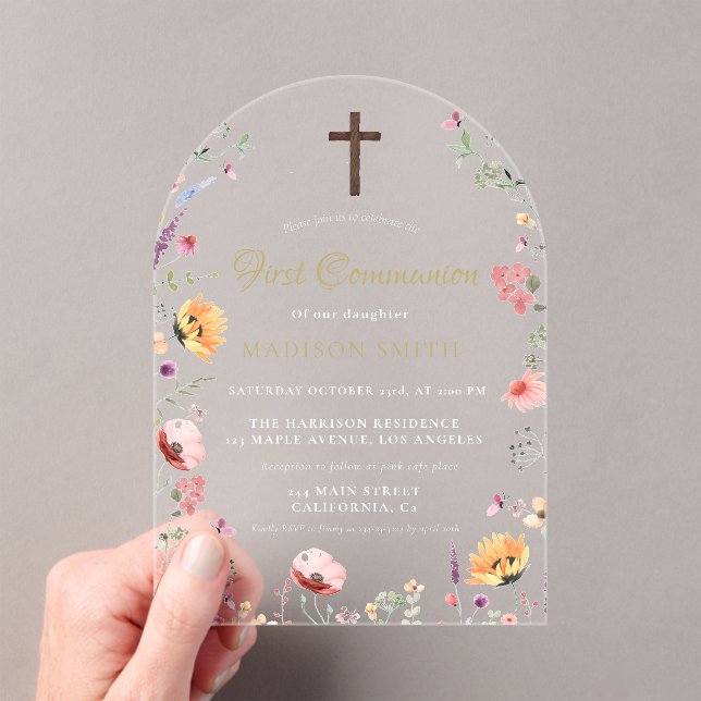 Stylish Wildflower Garden First Holy Communion Acrylic Invitations (Insitu (Handheld))