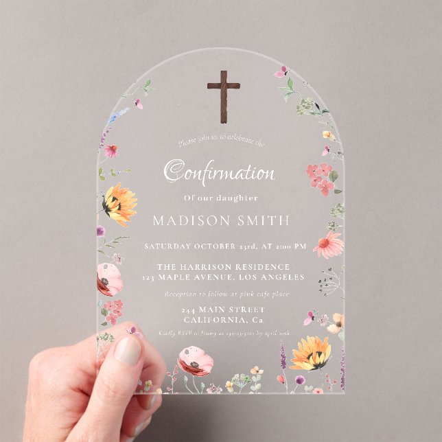 Stylish Wildflower Meadow Garden Comfirmation Acrylic Invitations (Insitu (Handheld))