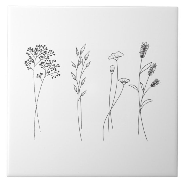 Stylish wildflowers botanical monochromatic ceramic tile (Front)