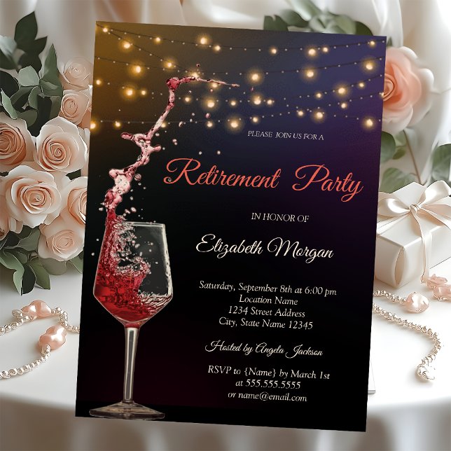 Stylish Wine Glass String Lights Retirement  Invitation (Creator Uploaded)