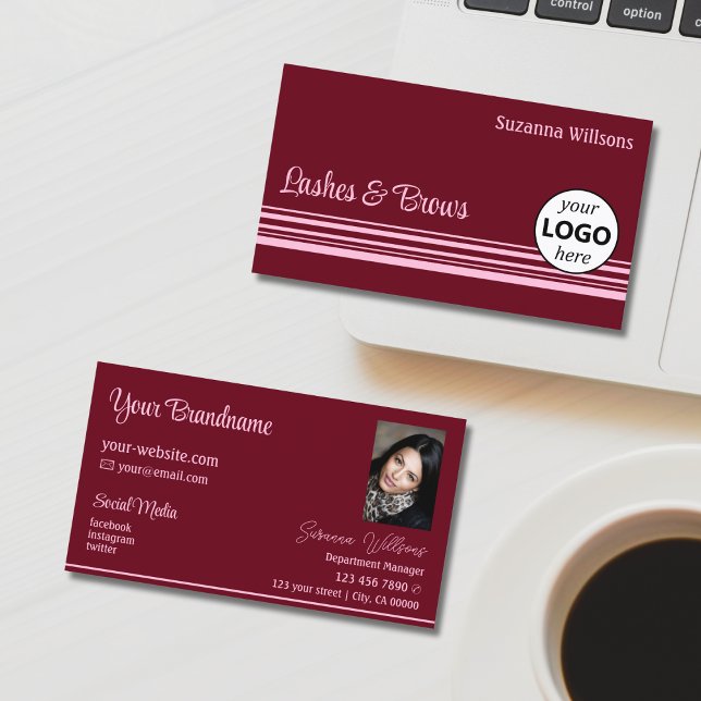 Stylish Wine Red Pink Stripes with Logo and Photo Business Card (Creator Uploaded)
