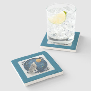 Stylish Wolf Howling at the Moon on a Starry Night Stone Coaster