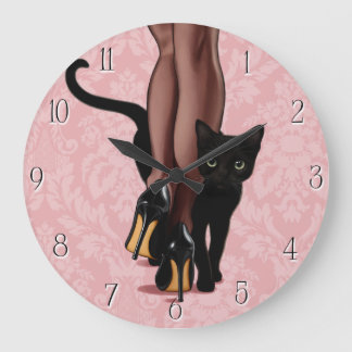 Stylish woman and black cat large clock