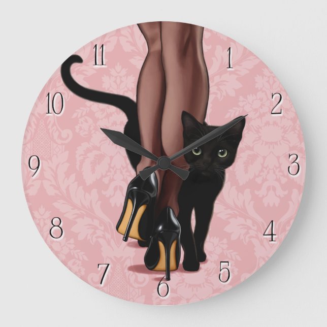 Stylish woman and black cat large clock (Front)