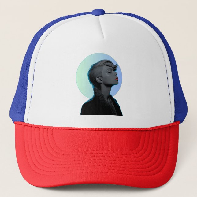 Stylish Woman in Monochromatic Portrait Trucker Hat (Front)