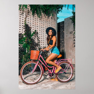 Stylish Woman on Pink Bicycle, Urban Adventure Art Poster
