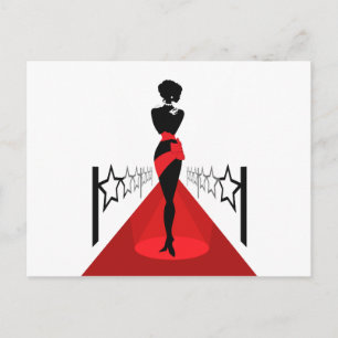 Stylish woman silhouette on red carpet with stars postcard