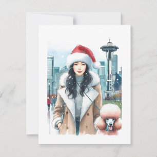 Stylish Woman Walking Poodle in Seattle Christmas  Holiday Card