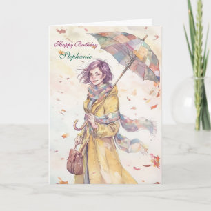 Stylish Woman with Umbrella Birthday Card