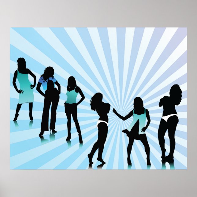 Stylish Women Silhouettes Teal Blue Fashion Poster (Front)