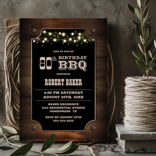Stylish Wood 80th Birthday BBQ Invitation (Creator Uploaded)