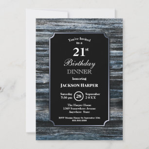 Stylish Wood Border Black 21st Birthday Dinner Invitation