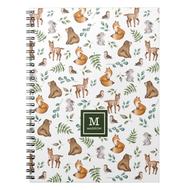 Stylish Woodland Animals Forest Greenery Monogram Notebook (Front)