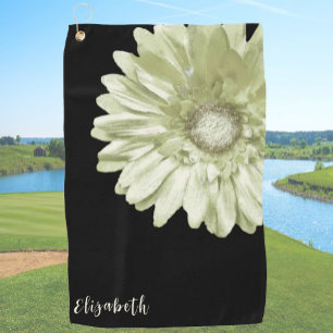 Stylish yellow and black daisy custom name floral golf towel
