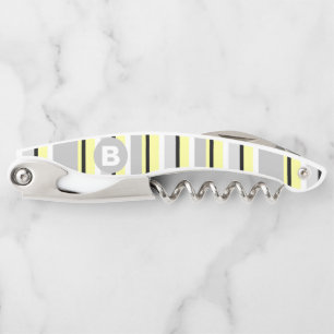 Stylish Yellow and Grey Striped Monogram Corkscrew
