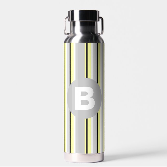 Stylish Yellow and Grey Striped Monogram Water Bottle (Front)