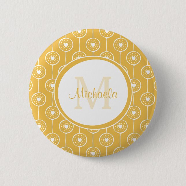 Stylish Yellow and White Hearts Monogram With Name 6 Cm Round Badge (Front)