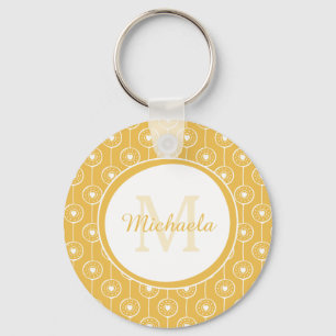 Stylish Yellow and White Hearts Monogram With Name Key Ring