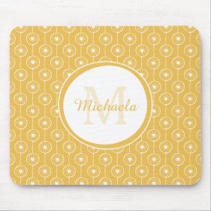 Stylish Yellow and White Hearts Monogram With Name Mouse Pad