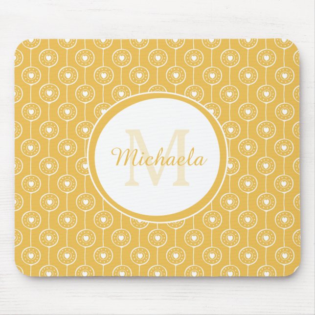 Stylish Yellow and White Hearts Monogram With Name Mouse Pad (Front)