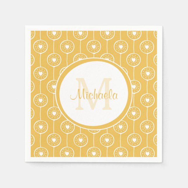 Stylish Yellow and White Hearts Monogram With Name Napkin (Front)