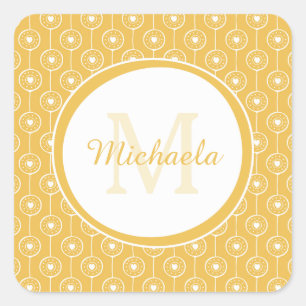 Stylish Yellow and White Hearts Monogram With Name Square Sticker