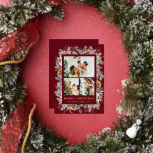Stylish Yellow Botanical Photo Frame Red Christmas Foil Holiday Card