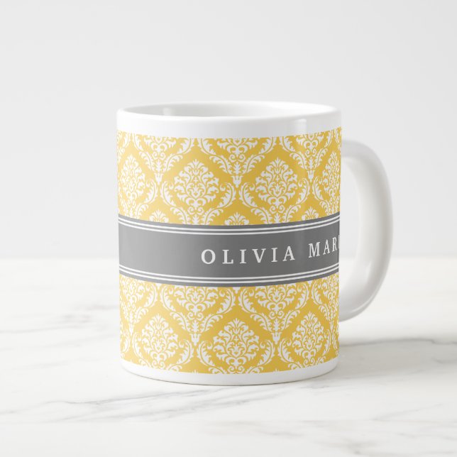 Stylish Yellow Damask Pattern with Grey Name Large Coffee Mug (Front Right)