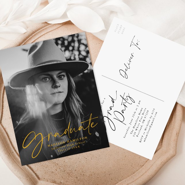 Stylish Yellow Gold Script Photo Graduation Party Invitation Postcard (Creator Uploaded)