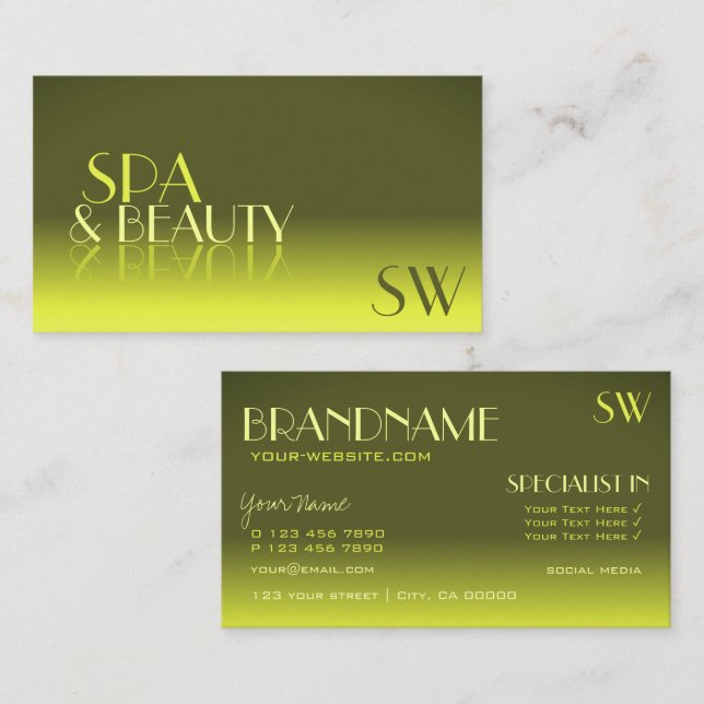 Stylish Yellow Gradient Mirror Font with Monogram Business Card (Front/Back)