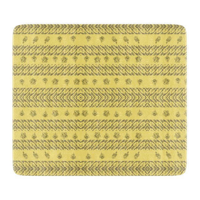 Stylish yellow navy Blue Stripes & Floral pattern Cutting Board (Front)