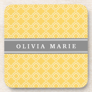 Stylish Yellow Quatrefoil Pattern with Name Coaster