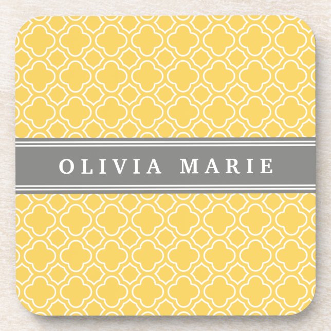 Stylish Yellow Quatrefoil Pattern with Name Coaster (Front)