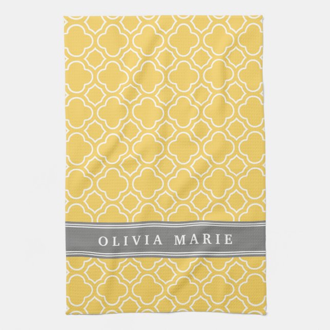 Stylish Yellow Quatrefoil Pattern with Name Tea Towel (Vertical)