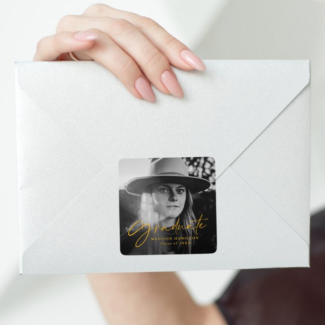 Stylish Yellow Script Photo Graduation Square Sticker (Creator Uploaded)