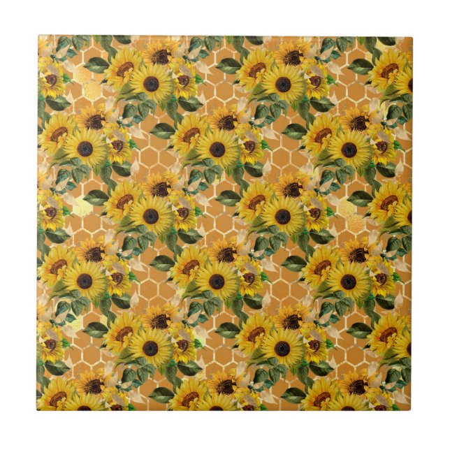 Stylish Yellow Sunflowers Bouquet Honeycomb Ceramic Tile (Front)