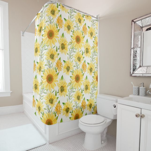 Stylish yellow sunflowers pattern shower curtain (In Situ)