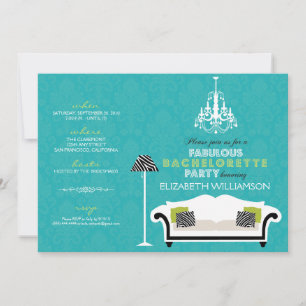 Stylish Zebra Decor Bachelorette Invite (aqua)