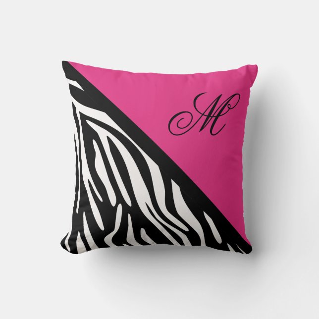 Stylish Zebra Print and Pink Monogram Throw Pillow (Front)