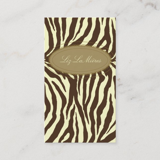Stylish zebra print, olive + chocolate business card (Front)