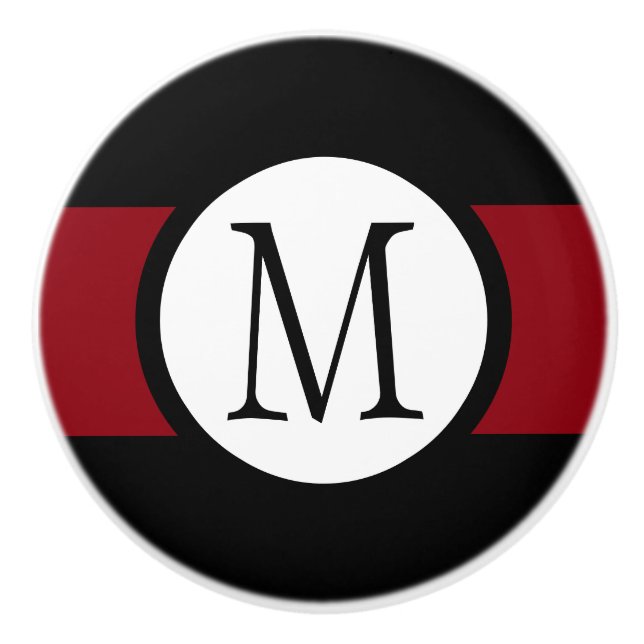 Stylishly Elegant Black, White & Red Line Monogram Ceramic Knob (Front)