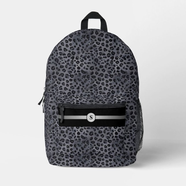 Stylishly Wild Personalised Grey & Black Leopard  Printed Backpack (Front)