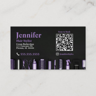 Stylist Black Lavender Business Card with QR Code