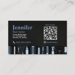 Stylist Black Pale Blue Business Card with QR Code