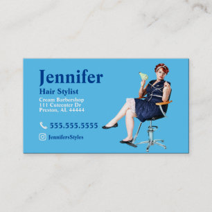 Stylist Blue Photo Business Card with QR Code